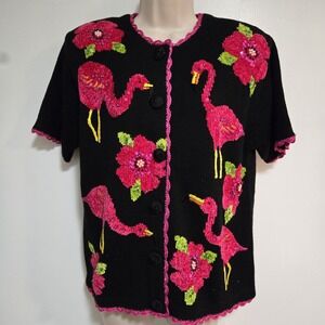 Victoria Harbour Size S Cardigan Sweater Black‎ Pink Flamingo Beaded NEW